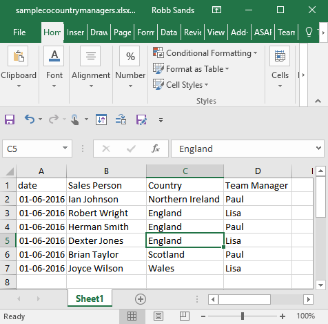 sampleco excel spreadsheet of country and sales manager