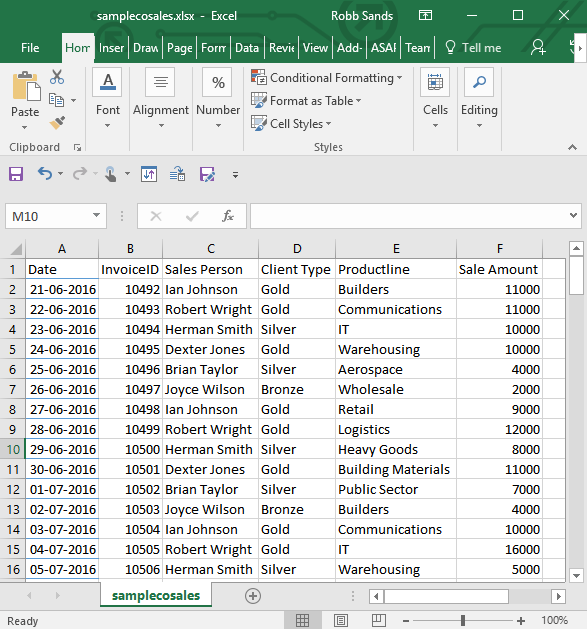 sampleco excel spreadsheet of sales